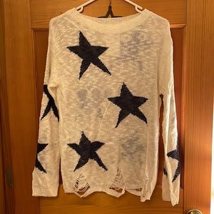 NWT white and blue star distressed sweater